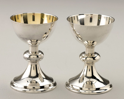 British Military World War II Silver Chaplain's Chalice Set (Pair, sterling silver and silver plate) - Broad Arrow, Crows Foot